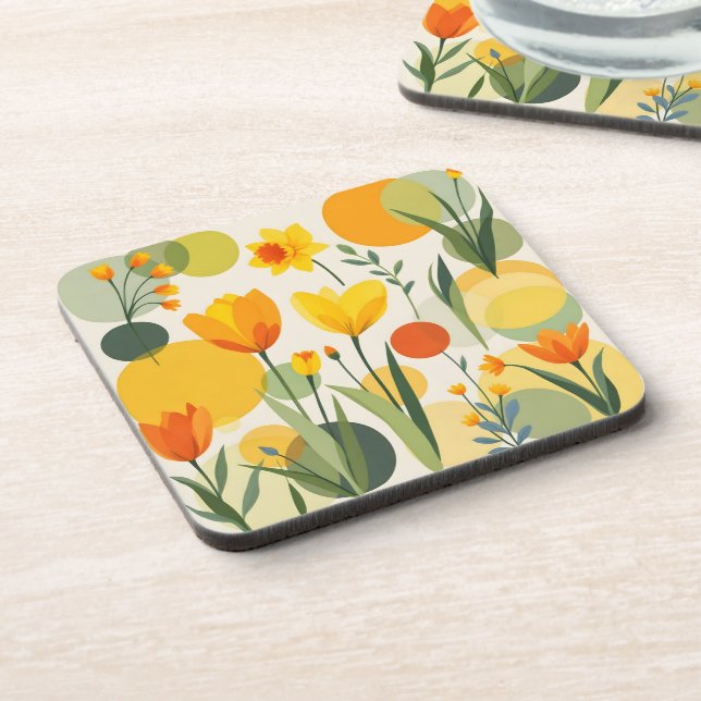 Yellow and Orange Abstract Spring Flowers Coaster (Left Side)