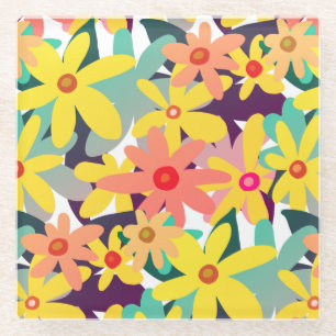 Yellow and orange flowers glass coaster