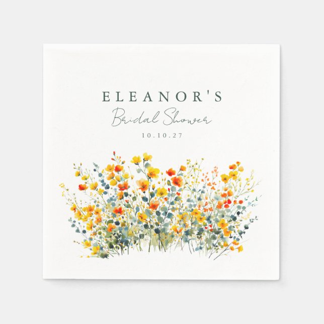 Yellow and Orange Meadow Wildflowers Bridal Shower Napkin (Front)