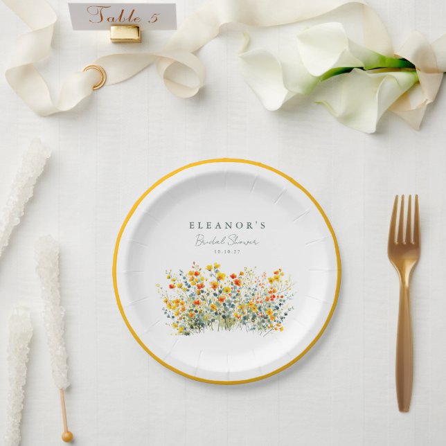 Yellow and Orange Meadow Wildflowers Bridal Shower Paper Plate (Wedding)