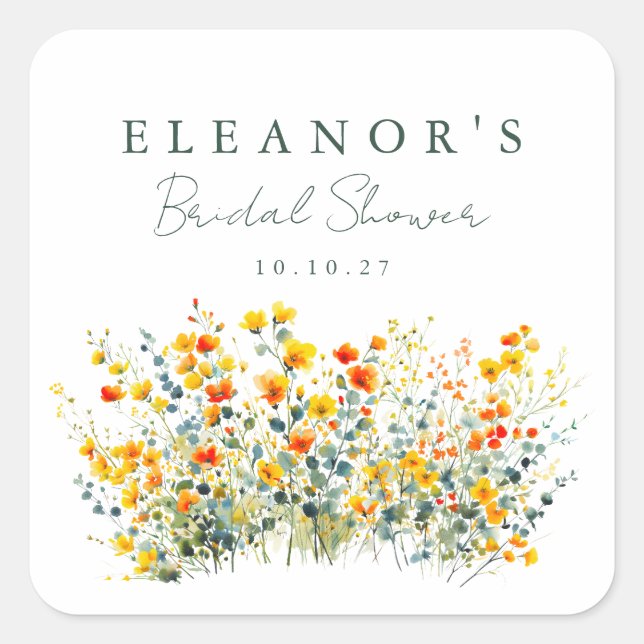 Yellow and Orange Meadow Wildflowers Bridal Shower Square Sticker (Front)