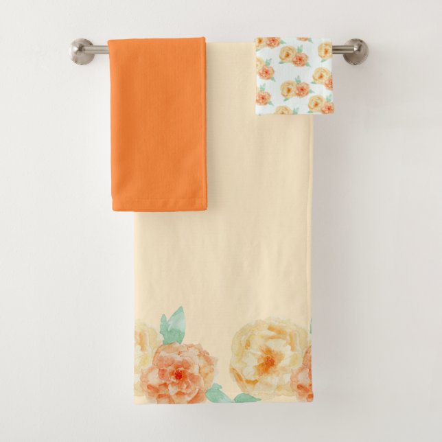 Yellow and Orange Rose Watercolor Bath Towel Set (Insitu)
