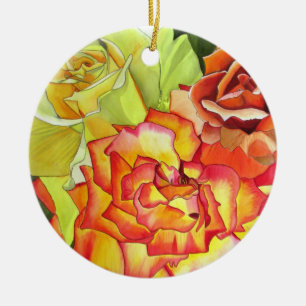 Yellow and Orange Rose watercolor original art Ceramic Tree Decoration