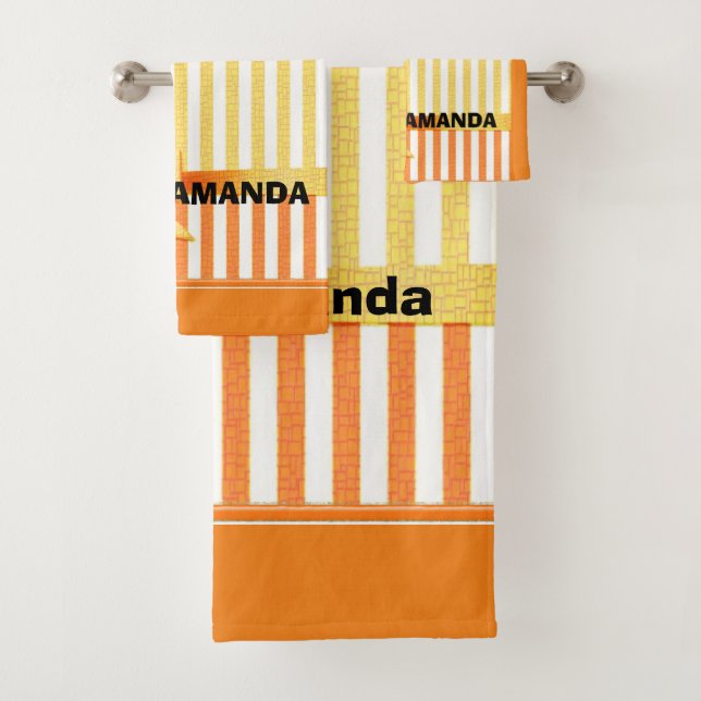 Yellow and orange stripe ,personalised ribbon  bath towel set (Insitu)