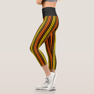 Yellow and Orange Vertical Stripes Black Capri Leggings