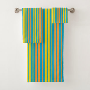 Yellow and Orange Vertical Stripes Blue Bath Towel Set