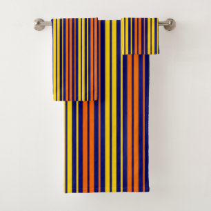 Yellow and Orange Vertical Stripes Navy Blue Bath Towel Set