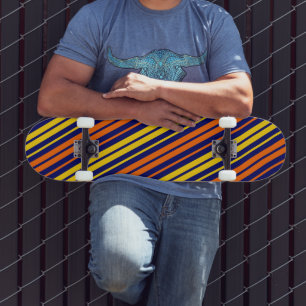 Yellow and Orange Vertical Stripes Navy Blue Skateboard