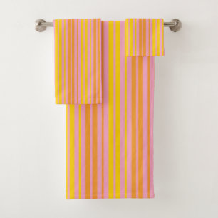 Yellow and Orange Vertical Stripes Pink  Bath Towel Set