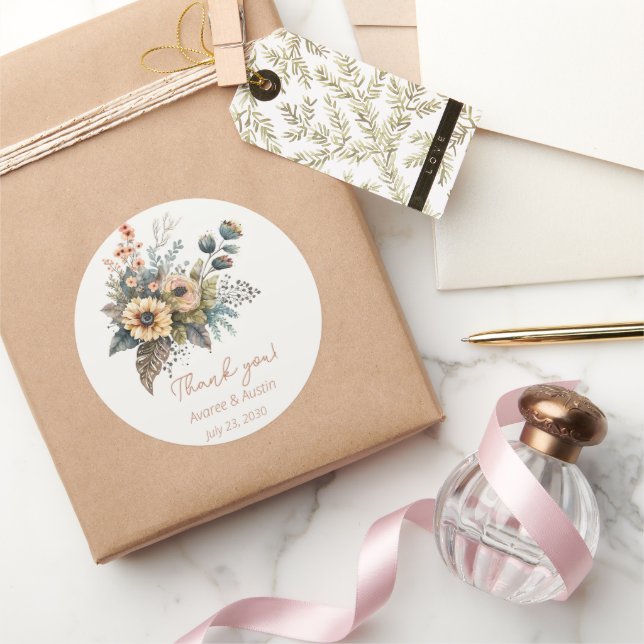 Yellow and Peach Floral Wedding Thank You Classic Round Sticker (Gifting)