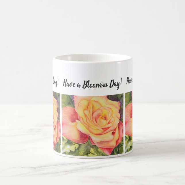 Yellow and Peach Rose Watercolor Flower Coffee Mug (Center)