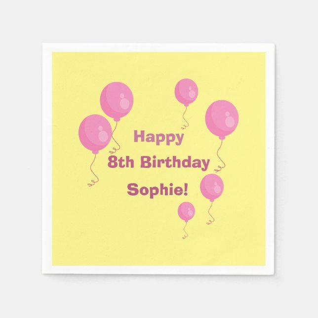 Yellow and Pink Balloon Girl Birthday Party Napkin (Front)