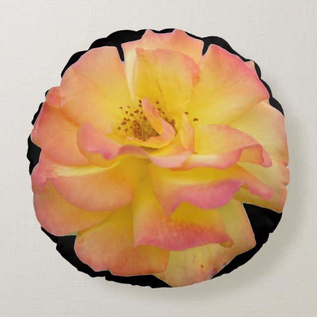 Yellow and Pink Blooming Rose Round Pillow (Front)