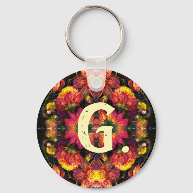 Yellow and Pink Dahlias Keychain with monogram (Front)