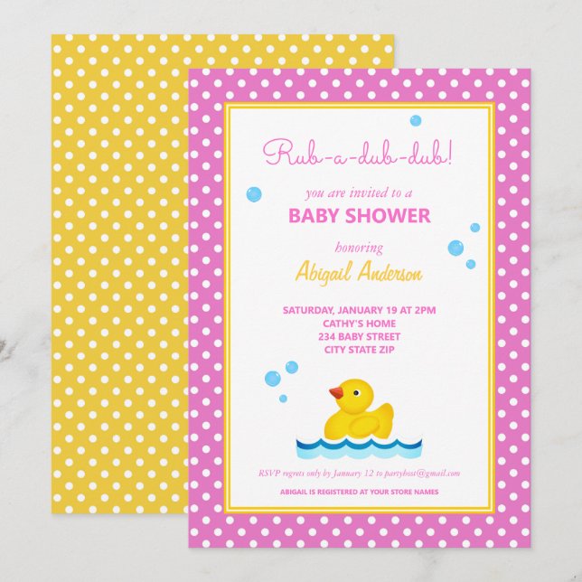 Yellow and Pink Duck Polka Dots Baby Shower Invita Invitation (Front/Back)