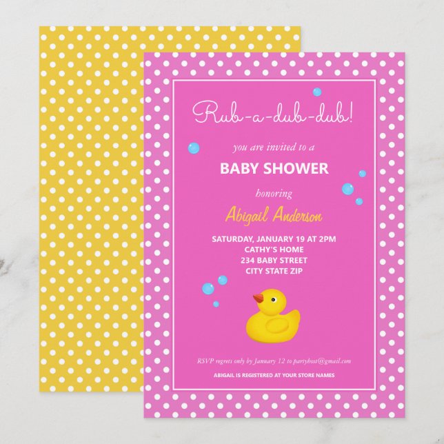 Yellow and Pink Duck Polka Dots Baby Shower Invitation (Front/Back)