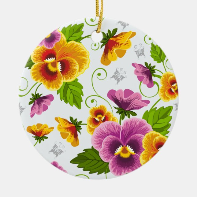 Yellow and pink floral pattern ceramic tree decoration (Front)