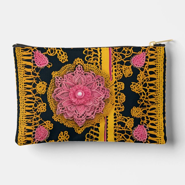 Yellow and pink floral patterns AI art  Accessory Pouch (Back)