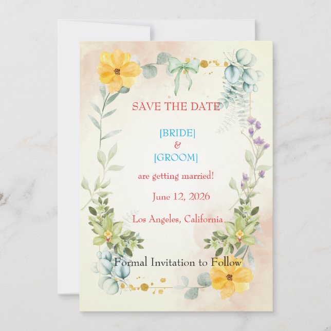 Yellow and Pink Floral Save the Date Card (Front)