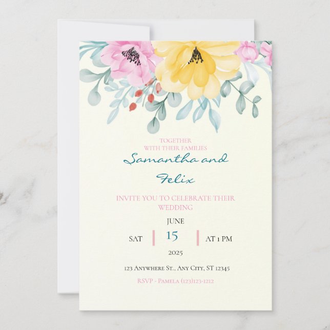 Yellow and Pink Floral Wedding Invitation (Front)
