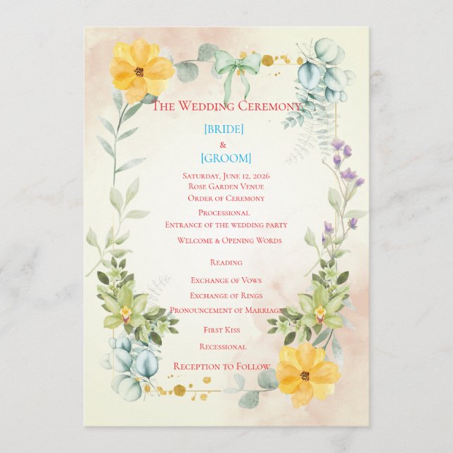 Yellow and Pink Floral Wedding Program Programme (Front)