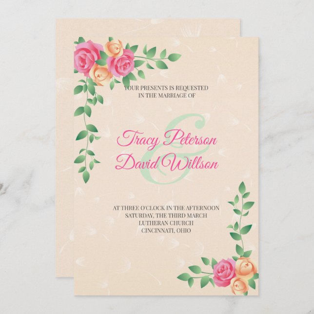 Yellow And Pink Flowers Wedding Invitation (Front/Back)