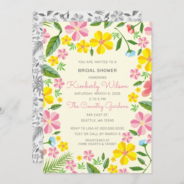 Yellow and Pink Garden Floral Bridal Shower Invitation (Front/Back)