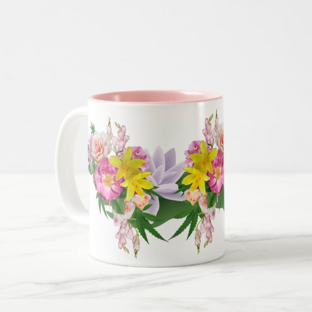 Yellow and Pink Garden Flowers – Elegant Floral  Two-Tone Coffee Mug (Front Left)