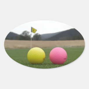yellow and pink golf balls, oval sticker