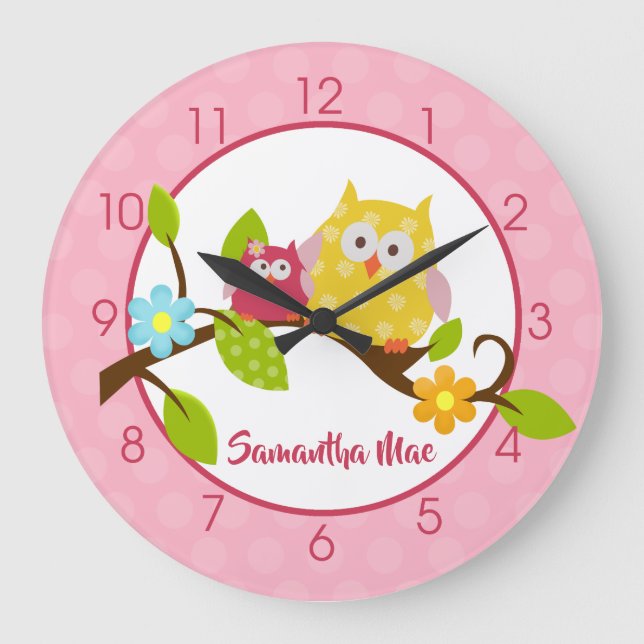 Yellow and Pink Happy Owls Girl Nursery Large Clock (Front)