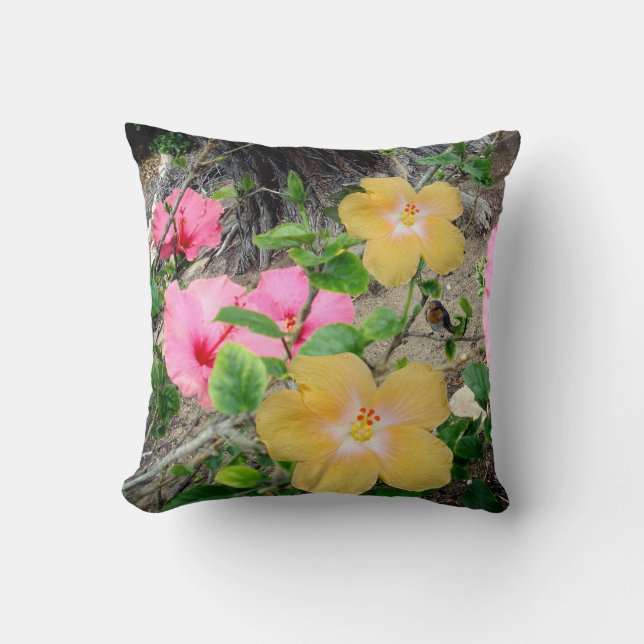 Yellow And Pink Hibiscus Flower, Throw Cushion. Cushion (Front)