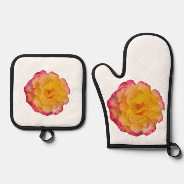 Yellow and Pink Rose Oven Mitt & Pot Holder Set (Front)