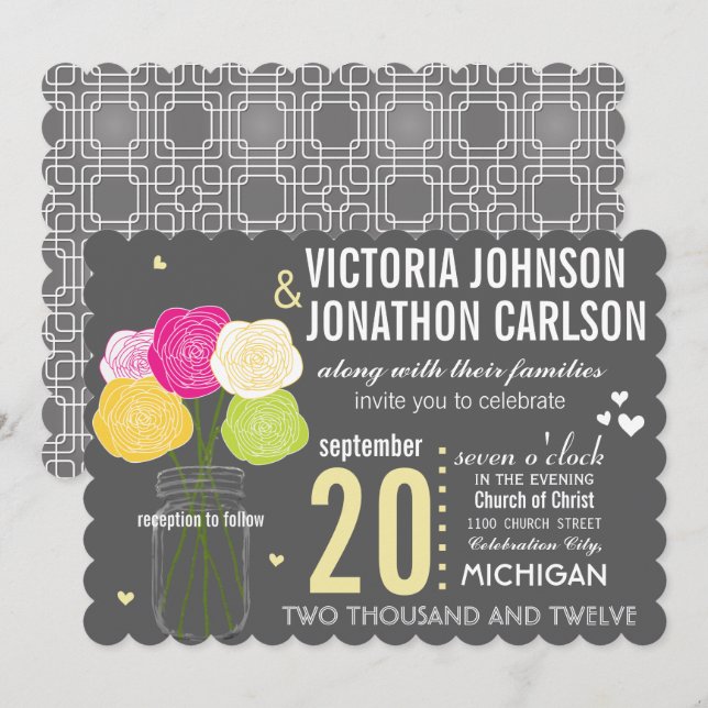Yellow and Pink Rose Typography Modern Wedding Invitation (Front/Back)