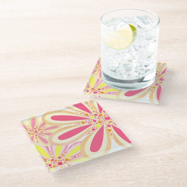 Yellow and Pink Spring Flower  Glass Coaster (Angled)