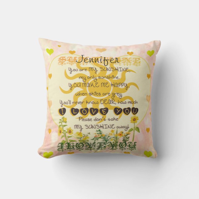 Yellow and Pink Sunshine with Hearts Cushion (Front)