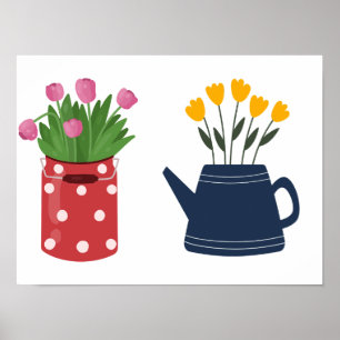 Yellow and Pink Tulips in Two Vases Poster