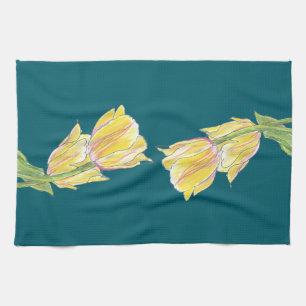 Yellow and Pink Tulips on Deep Teal Kitchen Towel