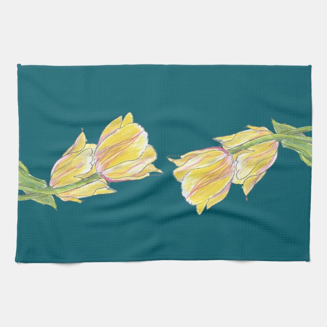 Yellow and Pink Tulips on Deep Teal Kitchen Towel (Horizontal)