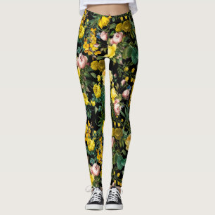 Yellow and pink vintage rose garden night pattern leggings