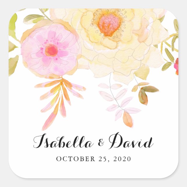 Yellow and Pink Watercolor Flowers Wedding Sticker (Front)