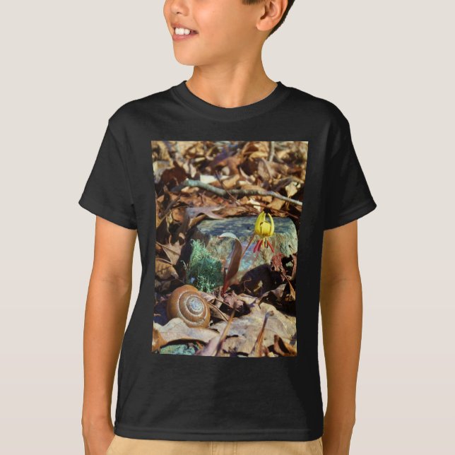 Yellow and Plum Trout Lily and Snail Shell T-Shirt (Front)