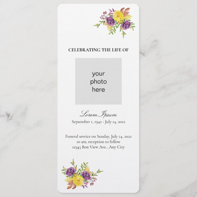 Yellow and Purple Botanical Spray Funeral Programme (Front)