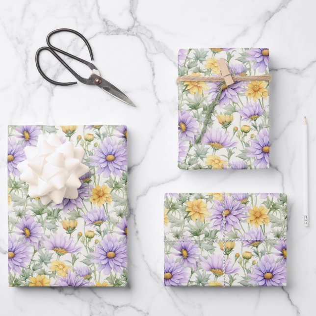 Yellow and Purple Daisy-like Flowers Print Wrapping Paper Sheet (Front)