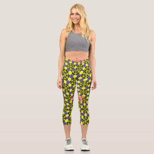 Yellow and Purple Daisy Pattern Capri Leggings