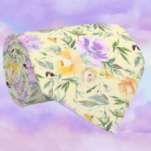 Yellow and Purple Lavender Watercolor Roses Floral Tie