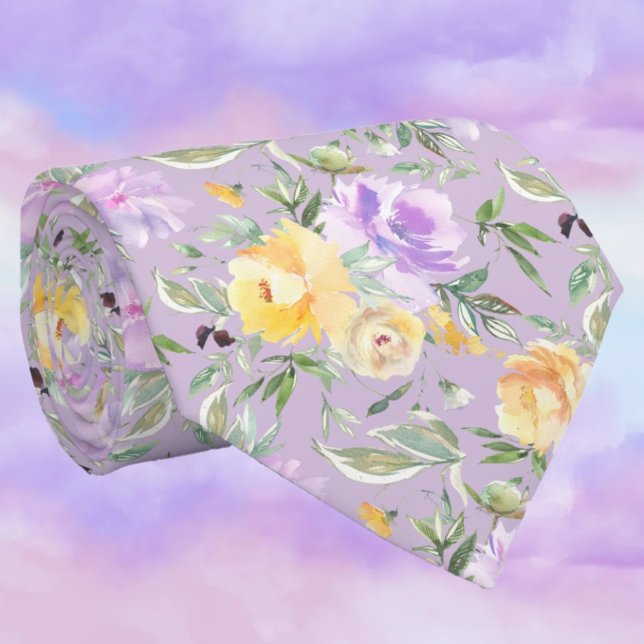 Yellow and Purple Lavender Watercolor Roses Floral Tie (Creator Uploaded)