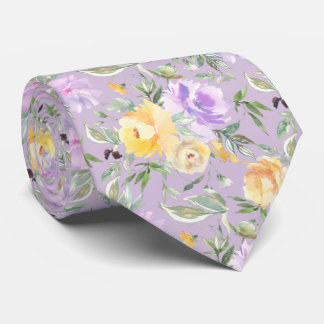 Yellow and Purple Lavender Watercolor Roses Floral Tie