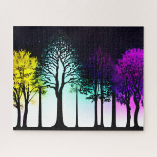 Yellow and Purple Leaves on Black Silhouette Trees Jigsaw Puzzle