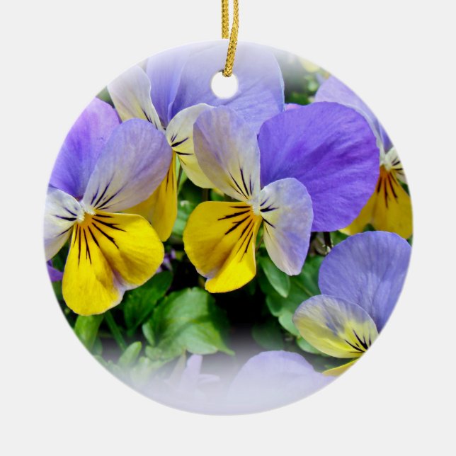 Yellow and Purple Pansies Ceramic Tree Decoration (Front)