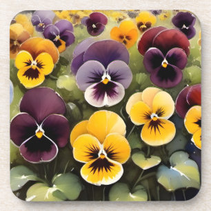 Yellow and purple pansies watercolor painting coaster